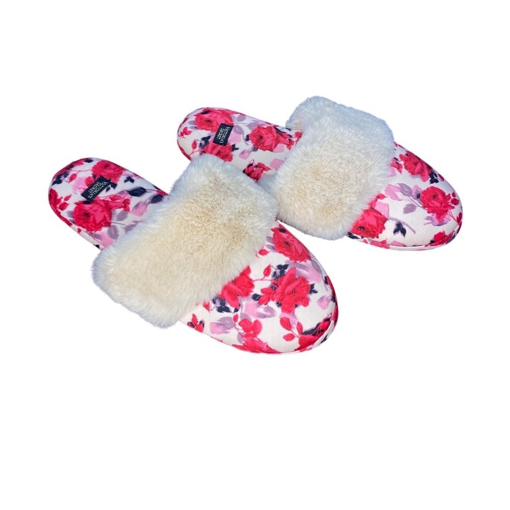 Victorias Secret Floral Rose Faux Fur Slide Slippers Pink Red Cream Loungewear M